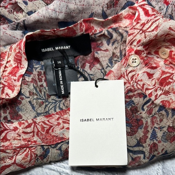 Isabel Marant Floral Bird Sheer Silk Babydoll Blouse size 36 -Small NEW Red Blue - Picture 6 of 16